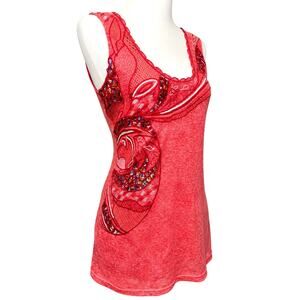 Lulumari Red Pink Floral Tank Top M Lined Sleeveless